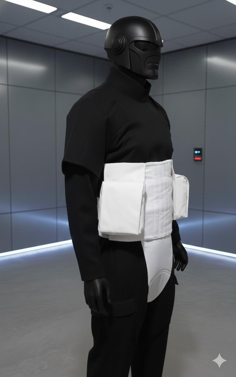 May include: A person in a black costume with a helmet and white accents. The costume includes a black helmet, a long-sleeved top, pants, and a white chest and waist piece. The background is a modern, gray interior.