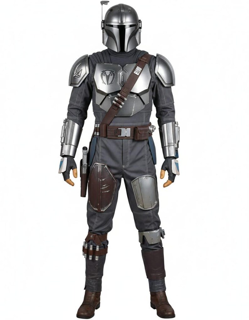 May include: A full-body shot of a Mandalorian costume. The costume features a silver helmet, chest armor, and shoulder pads over a gray jumpsuit. Brown leather accents include a belt, holster, and boot covers. A blaster pistol is in the holster.