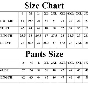 May include: A size chart for clothing, with measurements in inches. The chart includes shoulder, chest, length, and sleeve measurements for sizes S through 6XL. A separate section details pants sizes, including waist and length.