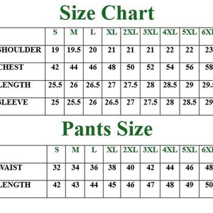Peut inclure: Un tableau des tailles de v&ecirc;tements avec des mesures pour les &eacute;paules, la poitrine, la longueur et les manches. Il comprend &eacute;galement les tailles de pantalons pour la taille et la longueur, de S &agrave; 6XL. Le texte "Size Chart" et "Pants Size" sont en haut.
