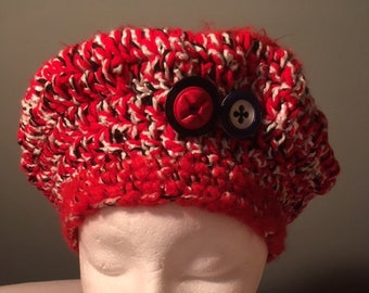 Woman's Red, White & Navy Warm Winter Beret Hat - fits S-M-L-XL