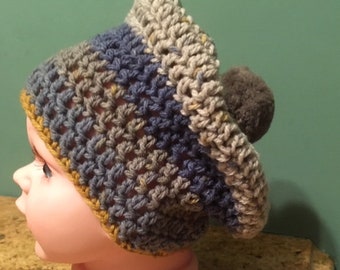 Baby Winter Hat with PomPom- gray/Blue/Gold