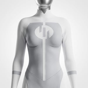 Könnte beinhalten: Ein weißer Body mit langen Ärmeln, hohem Stehkragen und einem vertikalen Mittelstreifen. Auf der Brust befindet sich ein kreisförmiges Emblem mit einem stilisierten geometrischen Design in Hellgrau, passend zu den Ärmelbündchen.