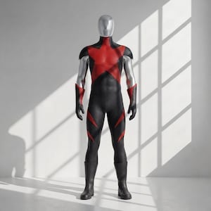 May include: A full-body superhero costume on a mannequin with a silver head. The suit is primarily black with a large red star on the chest, red accents on the shoulders, forearms, and thighs, and includes black boots and silver arm sleeves.
