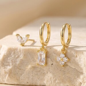Brincos de pino em formato de folha marquise banhados a ouro 18K, brincos de argola retangulares com zircônias cúbicas, brincos pendentes de trevo de quatro folhas, conjunto de brincos para combinar, presente para ela.