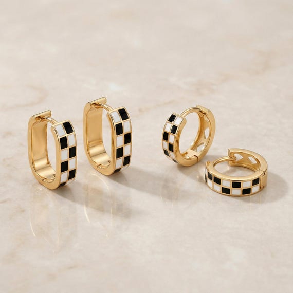 18K Gold Filled Checkered Hoop Earrings, Enamel Oval Hoops for Women, Black White Checker Earrings, Hypoallergenic Jewelry Gift