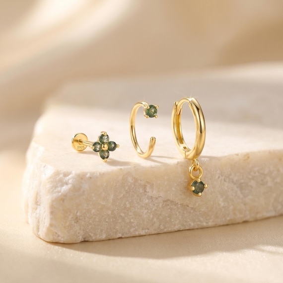 925 Sterling Silver Moss Agate Earring Set, Green CZ Studs & Hoop Earrings, Minimalist Jewelry, Dainty Drop Earrings, Gift for Her
