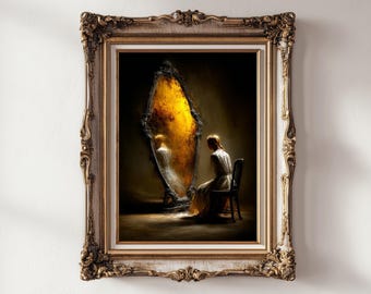 Haunted Mirror Oil Painting Print: Dark Academia Gothic Decor (Digital Download)