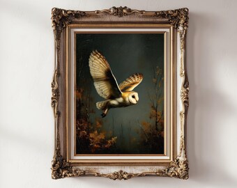 May include: A framed painting of a barn owl in flight. The owl has brown and white feathers, with wings spread wide. The background is a dark, moody forest scene with autumn colors. The frame is ornate, with gold and cream accents.