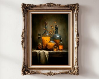 Glowing Potions Oil Painting Print: Witchy Gothic Cottagecore Decor (Digital Download)
