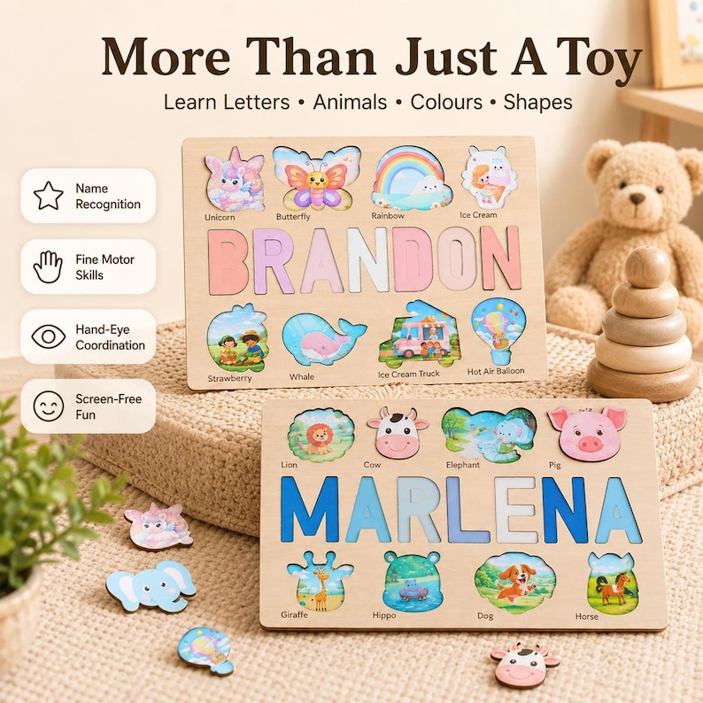 K&ouml;nnte beinhalten: Zwei rechteckige Namenspuzzles aus Holz mit farbenfrohen Ausschnitten von Tieren, Objekten und Buchstaben. Das obere Puzzle zeigt den Namen BRANDON mit Illustrationen wie einem Einhorn und Regenbogen. Das untere Puzzle zeigt MARLENA mit Tieren wie einem L&ouml;wen, einer Kuh und einem Schwein.