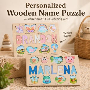 K&ouml;nnte beinhalten: Zwei rechteckige Namenspuzzles aus Holz mit den Namen BRANDON und MARLENA. Jedes Puzzle enth&auml;lt bunte, illustrierte Holzausschnitte von Tieren, Lebensmitteln und Objekten wie einem Einhorn, Schmetterling, Regenbogen, Wal, L&ouml;wen und Pferd.