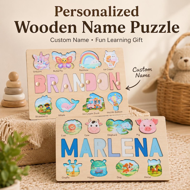 K&ouml;nnte beinhalten: Zwei rechteckige Namenspuzzles aus Holz mit den Namen BRANDON und MARLENA. Jedes Puzzle enth&auml;lt bunte, illustrierte Holzausschnitte von Tieren, Lebensmitteln und Objekten wie einem Einhorn, Schmetterling, Regenbogen, Wal, L&ouml;wen und Pferd.