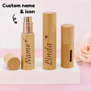 Pulverizadores de perfume de bambú personalizados, botellas de spray de viaje personalizadas, regalos de boda, artículos esenciales de viaje, regalos portátiles.