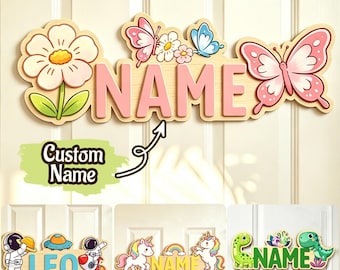 Personalized Double Layer Wooden Door Sign | Custom Kids Name Plaque | Nursery Bedroom Wall Decor | Unicorn Dinosaur Space Gift