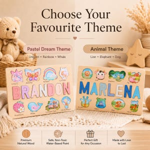 K&ouml;nnte beinhalten: Zwei rechteckige Holzpuzzles mit farbenfrohen Ausschnitten. Das linke Puzzle zeigt den Namen BRANDON mit Pastell-Symbolen wie Einhorn, Schmetterling und Regenbogen. Das rechte Puzzle zeigt den Namen MARLENA mit Tier-Symbolen wie L&ouml;we, Kuh und Elefant. Der Text umfasst Choose Your Favourite Theme, Pastel Dream Theme und Animal Theme.