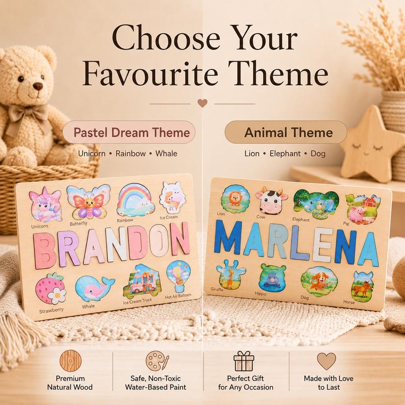 K&ouml;nnte beinhalten: Zwei rechteckige Holzpuzzles mit farbenfrohen Ausschnitten. Das linke Puzzle zeigt den Namen BRANDON mit Pastell-Symbolen wie Einhorn, Schmetterling und Regenbogen. Das rechte Puzzle zeigt den Namen MARLENA mit Tier-Symbolen wie L&ouml;we, Kuh und Elefant. Der Text umfasst Choose Your Favourite Theme, Pastel Dream Theme und Animal Theme.