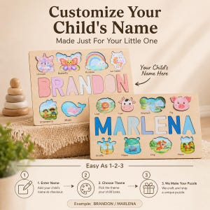 K&ouml;nnte beinhalten: Zwei rechteckige Holzpuzzles mit farbenfrohen Ausschnitten von Tieren und Objekten. Ein Puzzle zeigt den Namen BRANDON mit rosa Buchstaben, das andere MARLENA mit blauen Buchstaben. Der Text lautet Customize Your Child's Name.