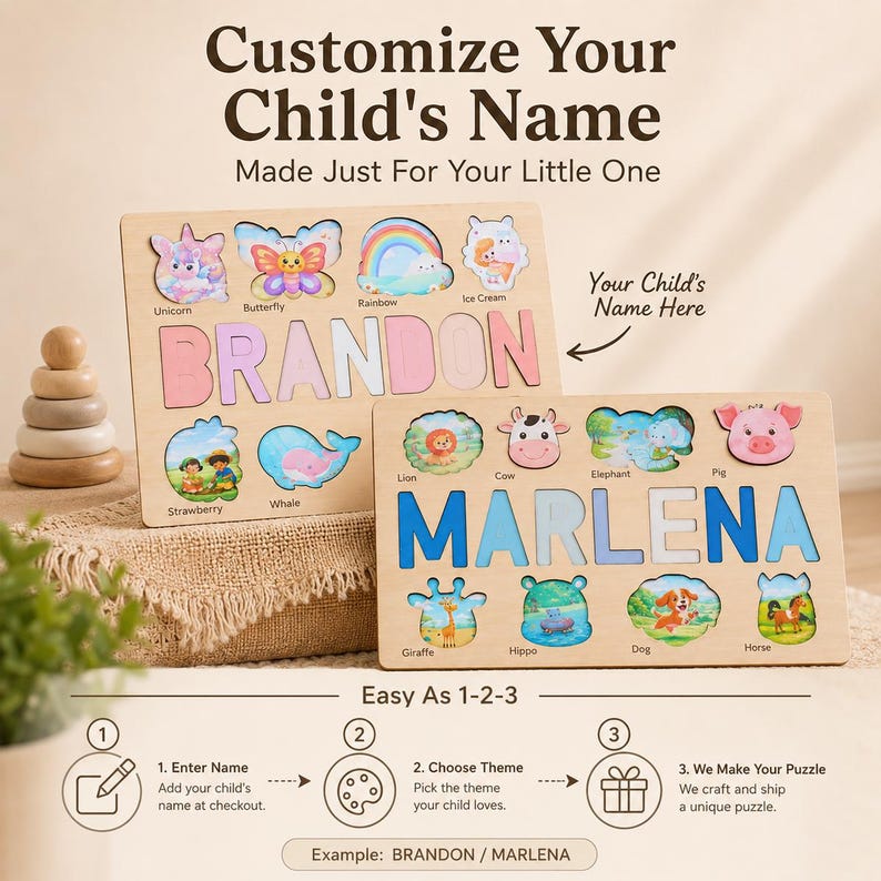 K&ouml;nnte beinhalten: Zwei rechteckige Holzpuzzles mit farbenfrohen Ausschnitten von Tieren und Objekten. Ein Puzzle zeigt den Namen BRANDON mit rosa Buchstaben, das andere MARLENA mit blauen Buchstaben. Der Text lautet Customize Your Child's Name.