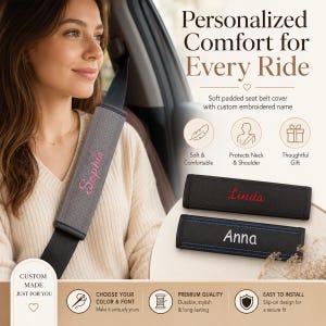 Personalized Seat Belt Cover, Custom Embroidered Name Car Seat Belt Pad, Soft Shoulder Strap Protector, New Driver Gift, Car Accessory Gift