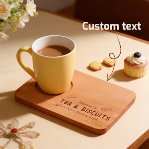 Personalized Wooden Tea Tray Engraved Cup Holder | Custom Name Coffee Mug Tray Coaster Board | Kitchen Gift Birthday Mother’s Day
