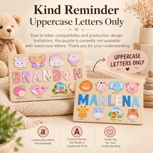 K&ouml;nnte beinhalten: Zwei rechteckige Holzpuzzles mit bunten ausgeschnittenen Formen von Tieren und Objekten. Ein Puzzle zeigt den Namen BRANDON in rosa Buchstaben, das andere MARLENA in blauen Buchstaben. Der Text lautet Kind Reminder Uppercase Letters Only.