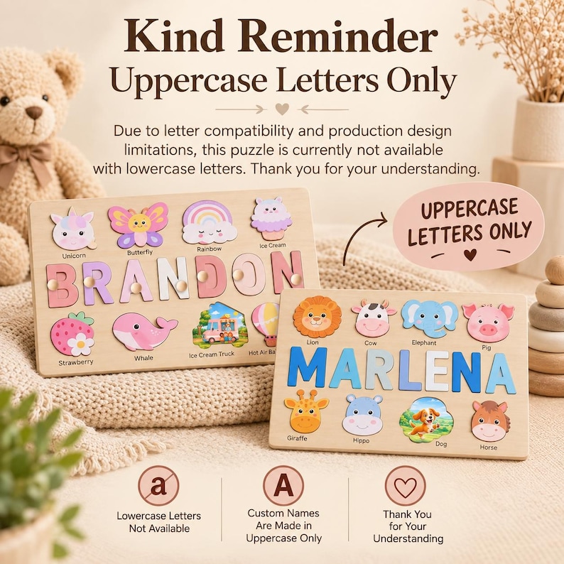 K&ouml;nnte beinhalten: Zwei rechteckige Holzpuzzles mit bunten ausgeschnittenen Formen von Tieren und Objekten. Ein Puzzle zeigt den Namen BRANDON in rosa Buchstaben, das andere MARLENA in blauen Buchstaben. Der Text lautet Kind Reminder Uppercase Letters Only.