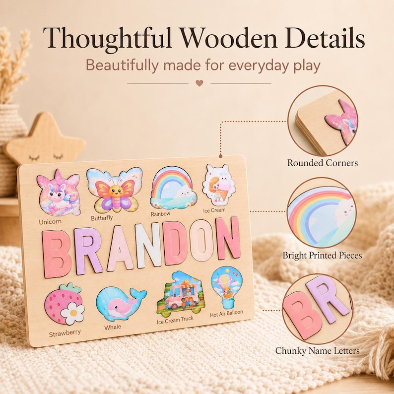 K&ouml;nnte beinhalten: Ein Holzpuzzle mit dem Namen BRANDON in dicken Buchstaben, umgeben von bunten Illustrationen eines Einhorns, Schmetterlings, Regenbogens, Eises, einer Erdbeere, eines Wals, eines Eiswagens und eines Hei&szlig;luftballons mit abgerundeten Ecken.
