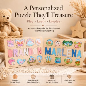 K&ouml;nnte beinhalten: Zwei personalisierte Holzpuzzles mit den Namen BRANDON und MARLENA in bunten Blockbuchstaben. Jedes Puzzle enth&auml;lt Aussparungen f&uuml;r Tiere, Lebensmittel und Objekte wie ein Einhorn, einen Schmetterling, einen Regenbogen, ein Eis, einen L&ouml;wen, eine Kuh, einen Elefanten, ein Schwein, eine Erdbeere, einen Wal, einen Eiswagen, einen Hei&szlig;luftballon, eine Giraffe, ein Nilpferd, einen Hund und ein Pferd.