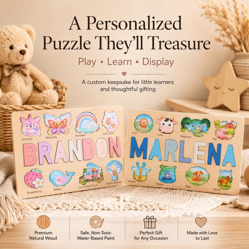 K&ouml;nnte beinhalten: Zwei personalisierte Holzpuzzles mit den Namen BRANDON und MARLENA in bunten Blockbuchstaben. Jedes Puzzle enth&auml;lt Aussparungen f&uuml;r Tiere, Lebensmittel und Objekte wie ein Einhorn, einen Schmetterling, einen Regenbogen, ein Eis, einen L&ouml;wen, eine Kuh, einen Elefanten, ein Schwein, eine Erdbeere, einen Wal, einen Eiswagen, einen Hei&szlig;luftballon, eine Giraffe, ein Nilpferd, einen Hund und ein Pferd.