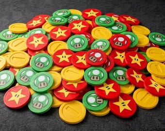 Mario Style Trolley Tokens | GBP/EUR | Game Inspired Coins | Shopping Cart Tokens |  Super Star & Coin Designs | Fun Gift for Gamers