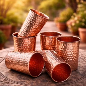 Puede incluir: Colección de seis vasos de color cobre con textura martillada. Los vasos son cilíndricos con un borde ligeramente ensanchado. Están dispuestos sobre una superficie circular decorativa, con un fondo borroso de plantas.