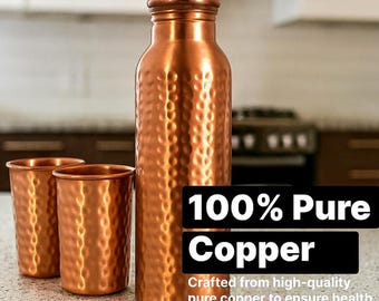 Ayurveda 100% Pure Hammered Copper Bottle 1 ltr Copper Bottle With Handmade Texture- Copper Water Bottle Hammered - Reusable, Detox - Gift