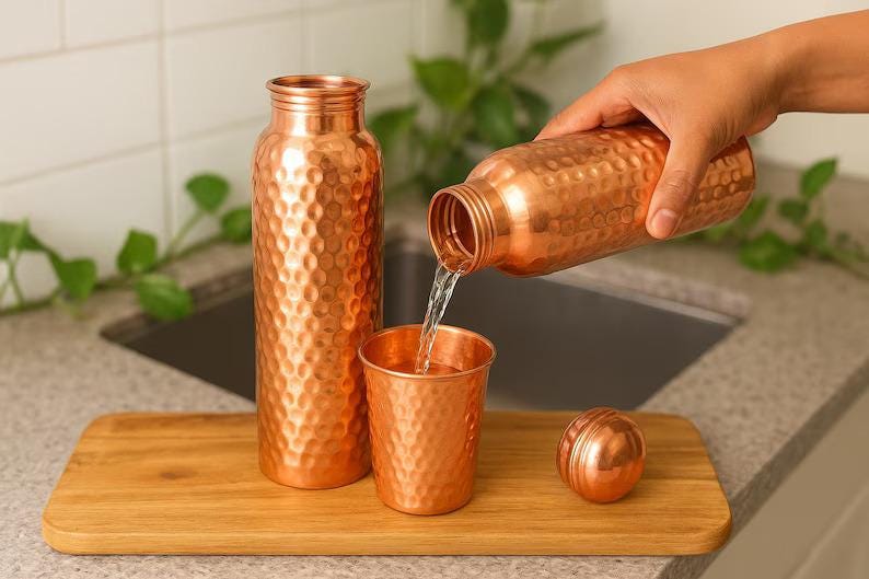 K&ouml;nnte beinhalten: Eine Kupferwasserflasche, ein Becher und ein Deckel werden auf einem Holztablett pr&auml;sentiert. Wasser wird aus der Flasche in den Becher gegossen. Die Kupferartikel haben eine strukturierte, gew&ouml;lbte Oberfl&auml;che. Die Flasche ist etwa 25 cm hoch.