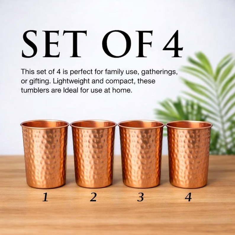May include: A set of four copper-colored tumblers with a hammered texture. Each tumbler is numbered one through four at the base. The text SET OF 4 is displayed above the tumblers, followed by descriptive text regarding the set's usage.