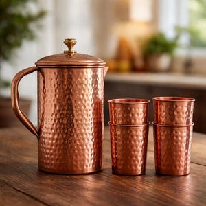 Könnte beinhalten: Ein Kupferkrug mit Deckel und Griff, zusammen mit vier passenden Kupferbechern. Der Krug und die Becher haben ein strukturiertes, gehämmertes Design. Das Set wird auf einer Holzoberfläche präsentiert.