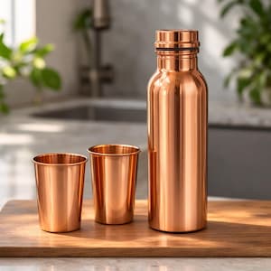 Bottiglia di rame puro al 100% Ayurveda da 1 litro, con texture fatta a mano - Set regalo in rame per recipienti - Bottiglia di rame ayurvedica da 1 litro