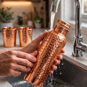 Juego de botella de agua de cobre 100% puro (1 litro) con 2 vasos martillados – Botella de cobre ayurvédica hecha a mano para beber agua, salud y desintoxicación. 1 Bottle - 2 Glass