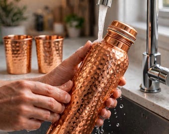 May include: A copper water bottle with a textured surface is being rinsed under a tap. Two copper cups are in the background. The bottle and cups have a hammered design, reflecting the light. The overall theme is kitchenware.