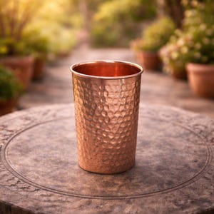 K&ouml;nnte beinhalten: Ein kupferfarbenes Trinkglas mit gehammerter Textur. Das Glas ist zylindrisch mit einem leicht ausgestellten Rand. Das Glas steht auf einem runden, steinartigen Tisch. Der Hintergrund ist verschwommen und zeigt eine Gartenumgebung.