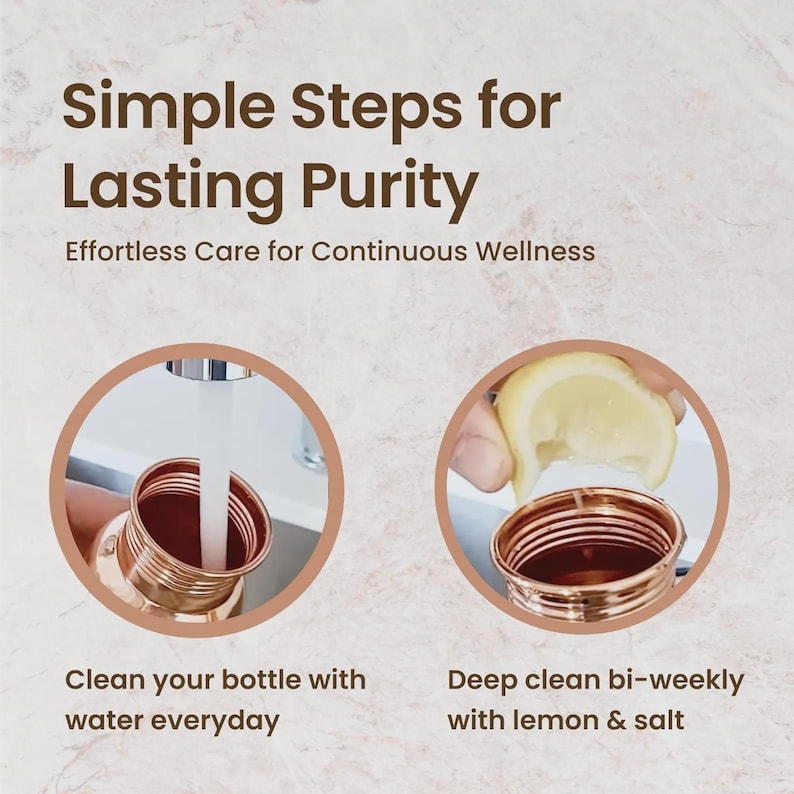 Puede incluir: Imagen con el texto "Simple Steps for Lasting Purity" y "Effortless Care for Continuous Wellness". La imagen muestra una botella de color cobre que se limpia con agua, lim&oacute;n y sal. El texto debajo dice "Clean your bottle with water everyday" y "Deep clean bi-weekly with lemon & salt".