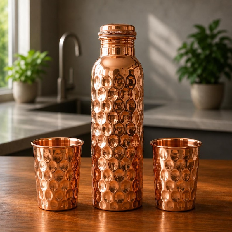 May include: A tall, cylindrical copper water bottle with a textured, hammered surface and a matching screw-top lid, flanked by two smaller, matching hammered copper tumblers, all featuring a polished, reflective metallic finish.