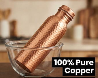 Ayurveda 100% Pure Hammered Copper Bottle 1 ltr Copper Bottle With Handmade Texture- Copper Water Bottle Hammered - Reusable, Detox - Gift