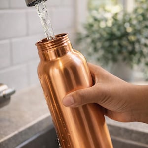 Puede incluir: Una botella de agua de color cobre se llena de agua de un grifo. La botella es cil&iacute;ndrica con un cuello estrecho y est&aacute; sujeta por una mano. Se ven gotas de agua en la superficie de la botella. El fondo est&aacute; borroso, lo que sugiere un entorno de cocina.