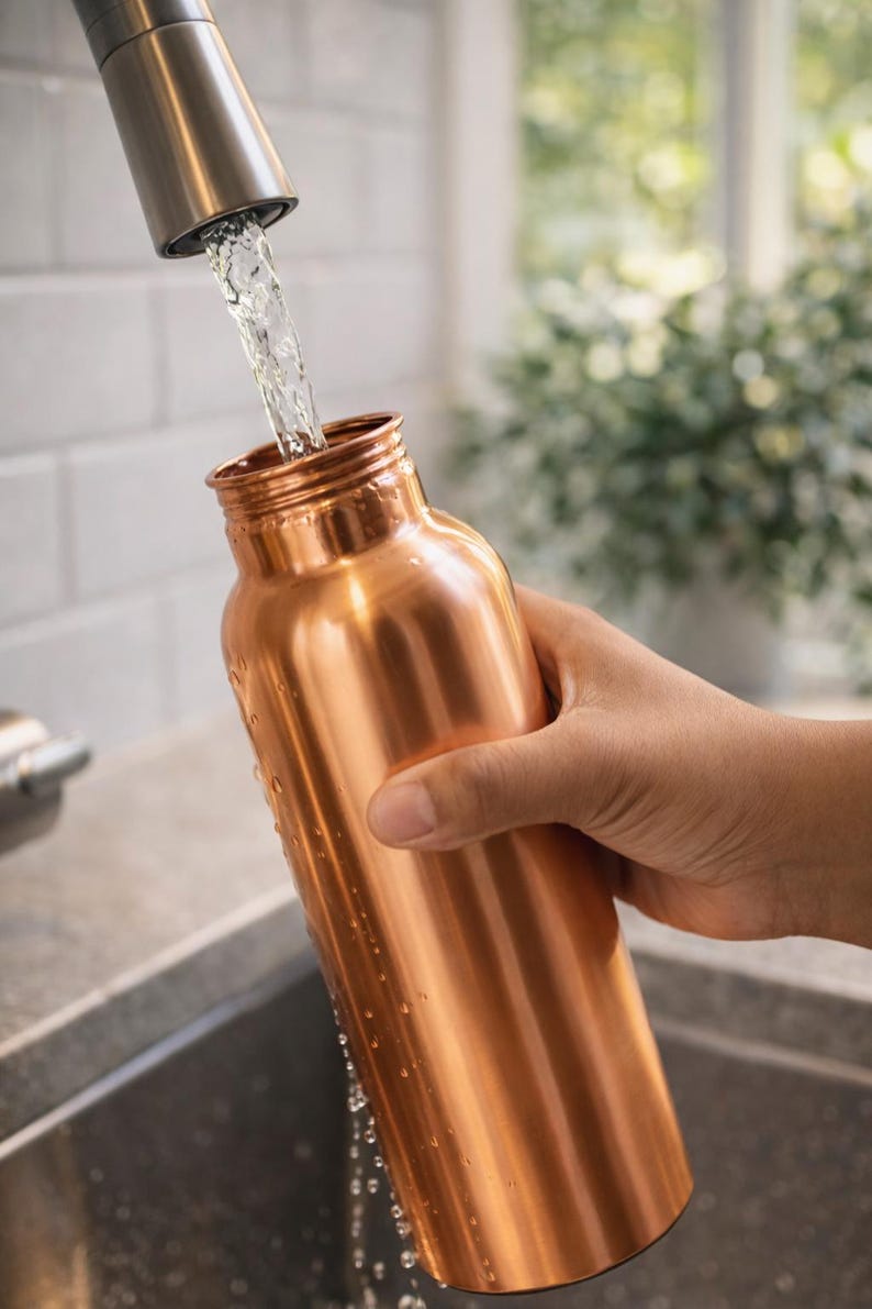 Puede incluir: Una botella de agua de color cobre se llena de agua de un grifo. La botella es cil&iacute;ndrica con un cuello estrecho y est&aacute; sujeta por una mano. Se ven gotas de agua en la superficie de la botella. El fondo est&aacute; borroso, lo que sugiere un entorno de cocina.
