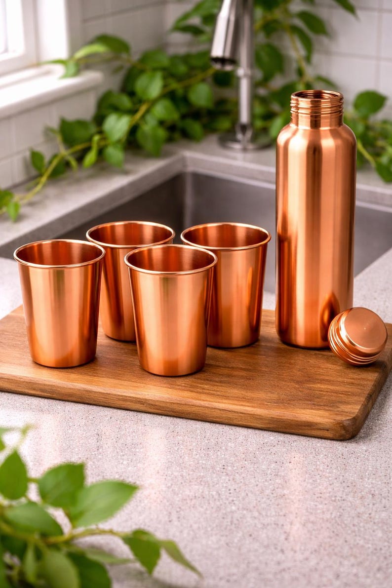 Puede incluir: Una botella de agua de color cobre con una tapa a juego y cuatro tazas de cobre est&aacute;n sobre una tabla de cortar de madera. La botella y las tazas son cil&iacute;ndricas. Los art&iacute;culos est&aacute;n en un entorno de cocina.