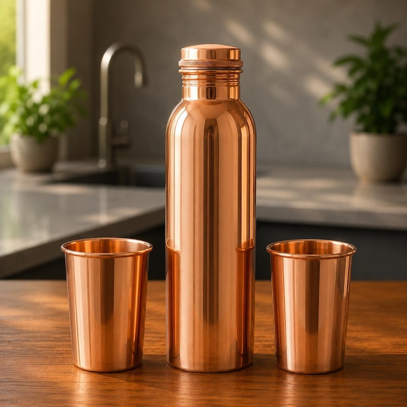 May include: A polished copper water bottle with a matching screw-top lid, accompanied by two identical copper tumblers. The bottle features a cylindrical body with a narrow neck and a textured cap, while the tumblers have a simple, straight-sided design.