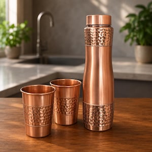 May include: A set consisting of one tall copper water bottle and two matching copper tumblers. Each item features a smooth metallic finish on the top and bottom sections, with a wide band of hammered, dimpled texture around the middle.
