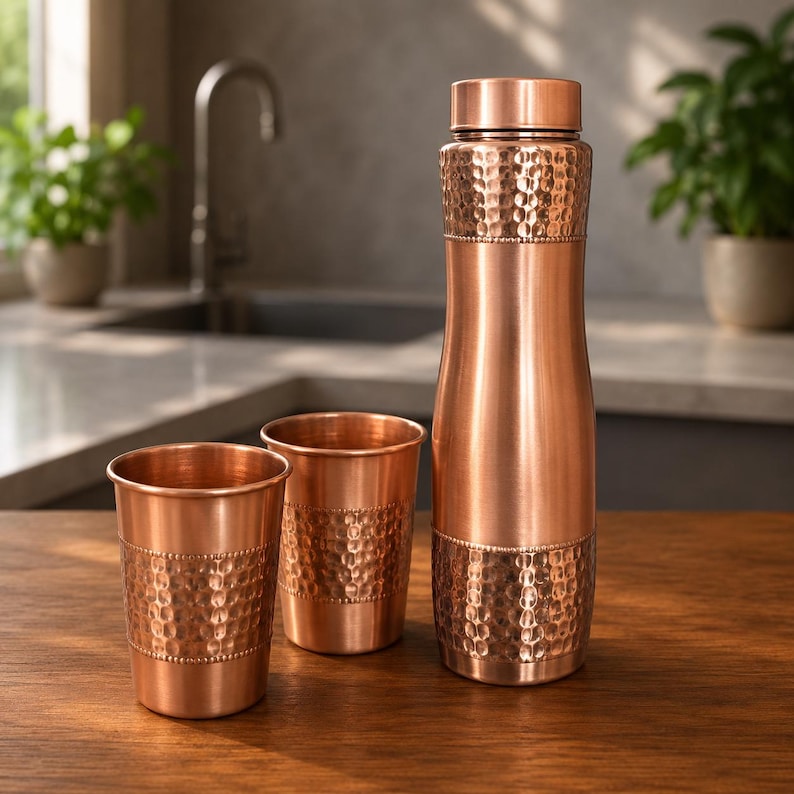 May include: A set consisting of one tall copper water bottle and two matching copper tumblers. Each item features a smooth metallic finish on the top and bottom sections, with a wide band of hammered, dimpled texture around the middle.