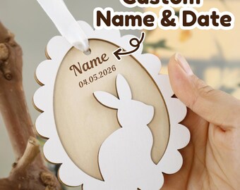 Colgantes de Pascua personalizados de doble capa, etiquetas personalizadas para canastas de Pascua, adornos colgantes de madera, regalos grabados con patrones de conejo, regalos